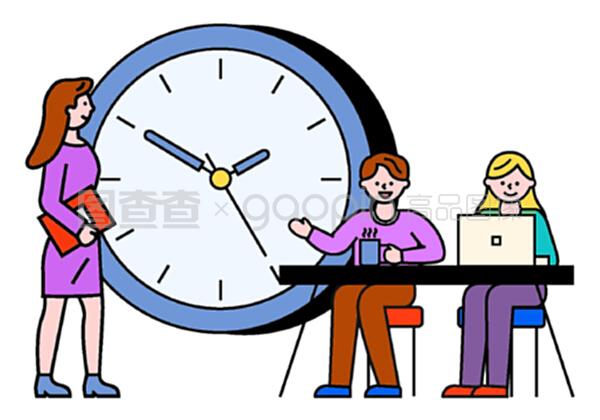 商務(wù)咨詢?nèi)藛T和與筆記本電腦的交流。工作時(shí)間、工作時(shí)間的男女。使用筆記本電腦的工人字符接近時(shí)鐘符號(hào),專業(yè)團(tuán)隊(duì)合作向量。與筆記本電腦合作的商務(wù)咨詢
